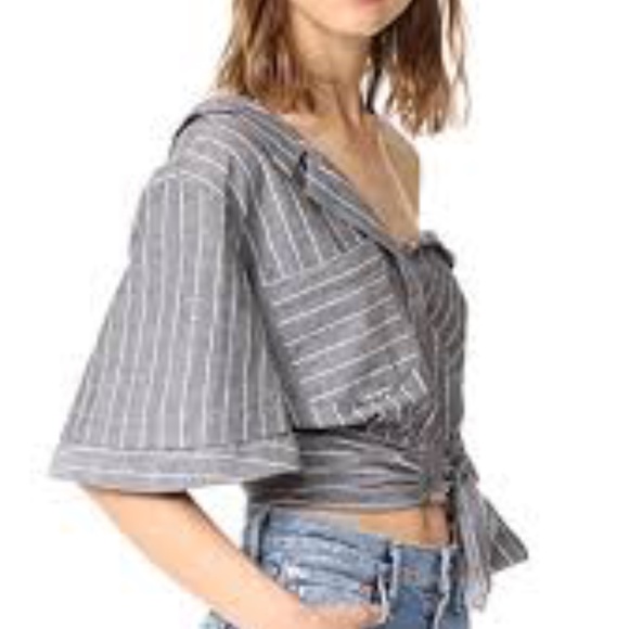 LIKELY off the shoulder pinstripe gray crop top - Picture 4 of 6